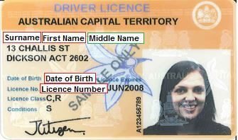 Sample of an earlier ACT driver licence design marked SAMPLE ONLY, with field labels