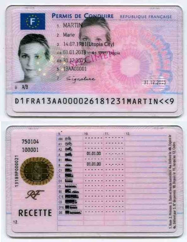 Spécimen du permis de conduire français au format carte, recto et verso, données fictives