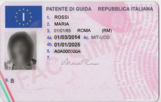 Fac-simile della patente di guida italiana con dati di esempio Maria Rossi