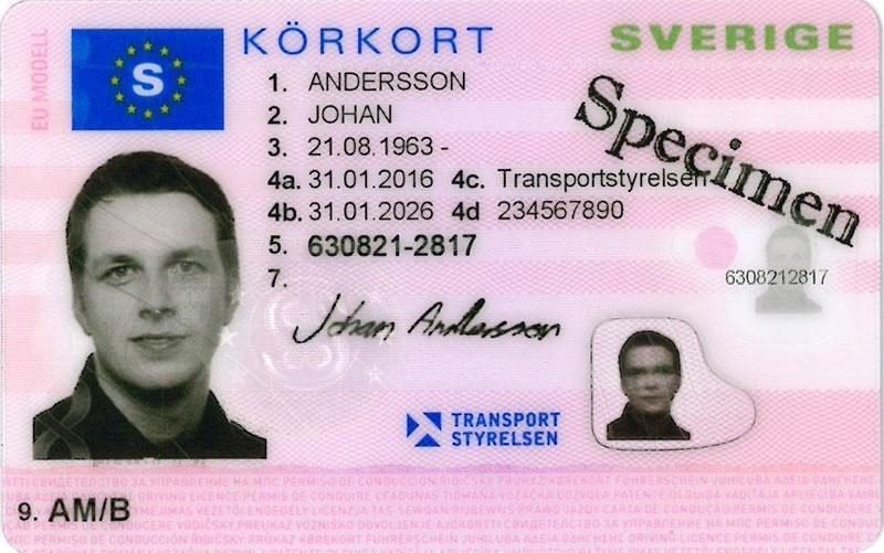 Specimen av svenskt körkort med exempeldata Johan Andersson