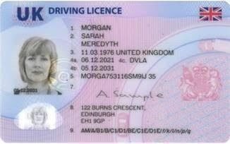 DVLA specimen of a UK photocard driving licence with sample data for Sarah Morgan