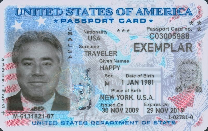 U.S. Department of State exemplar of a passport card for Happy Traveler